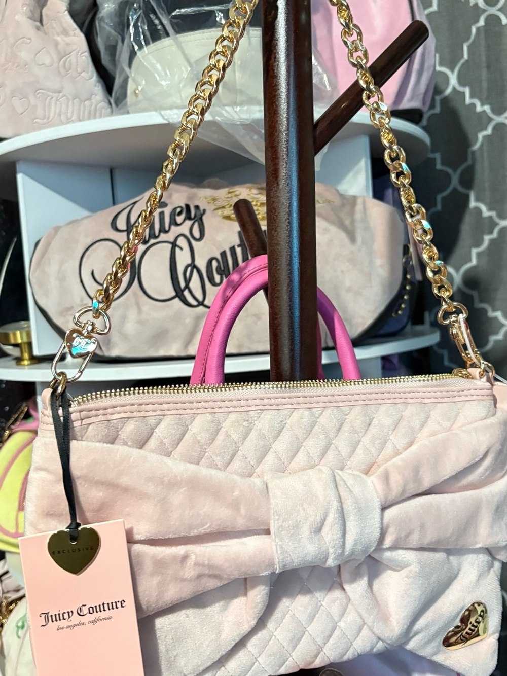 Juicy Couture Light Pink Quilted Bow Shoulder Bag with Gold Chain